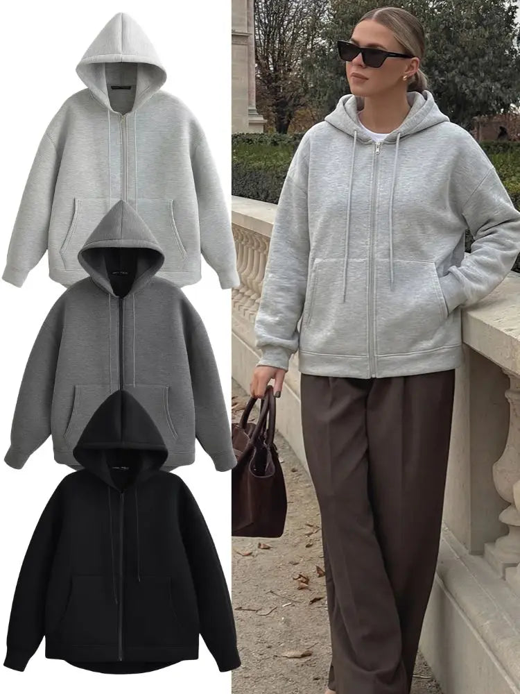 HH 2026 Casual Women's Soild Zipper Hoodie Long Sleeve Big Pocket Zipper Jacket With Hood Female Loose Outerwear Coat Tops