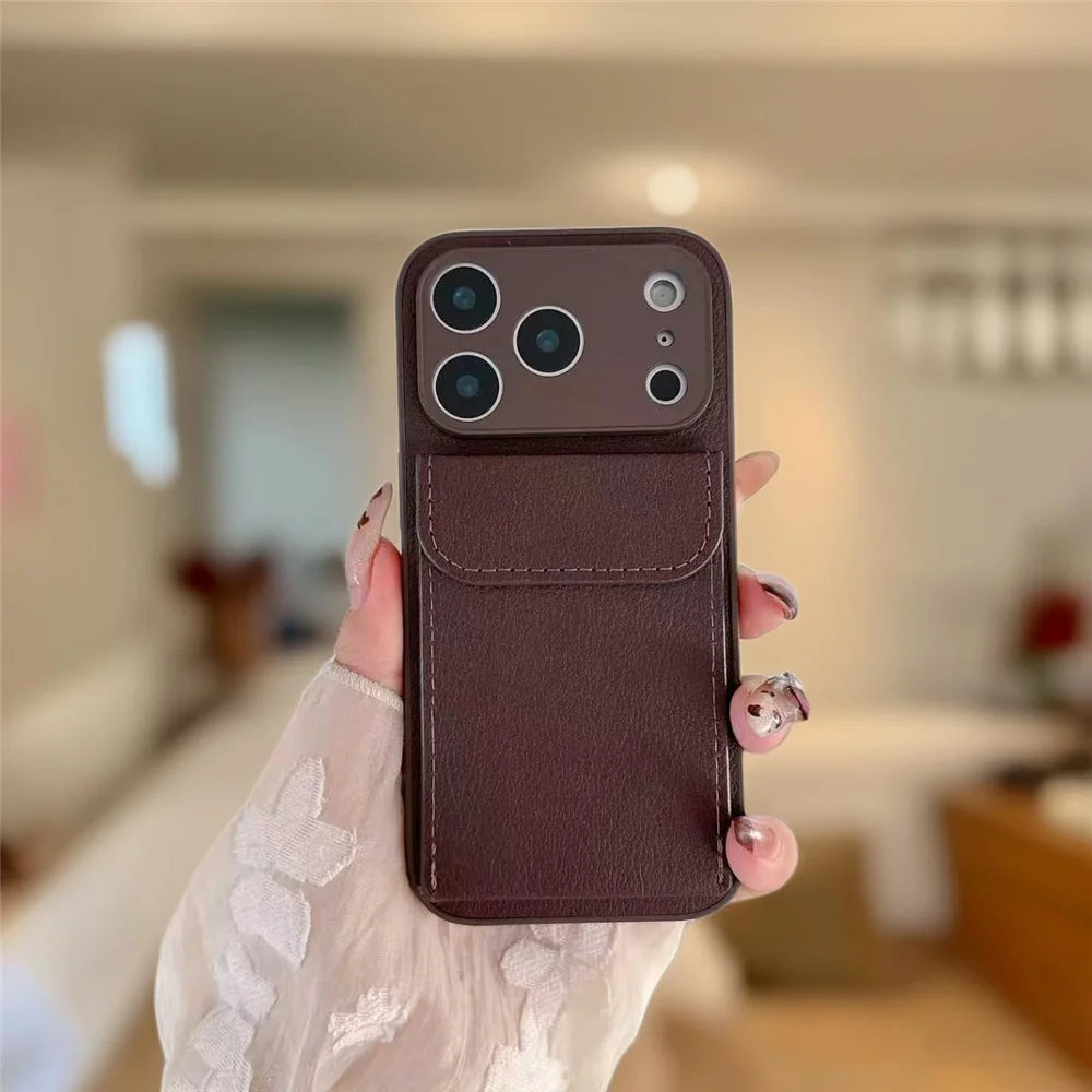 luxury Leather Card Holder Wallet Case For iPhone 11 12 13 mini 14 15 16 E 17 Pro Max 8 7 Plus X Camera Lens Protection Cover
