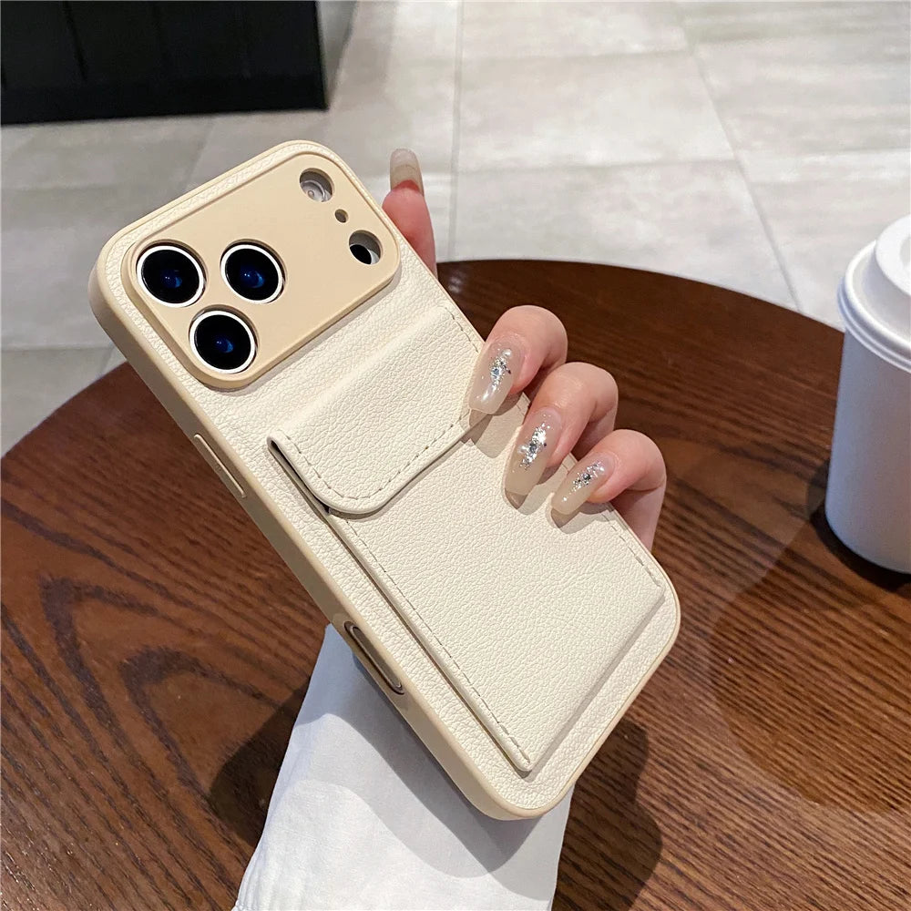 luxury Leather Card Holder Wallet Case For iPhone 11 12 13 mini 14 15 16 E 17 Pro Max 8 7 Plus X Camera Lens Protection Cover
