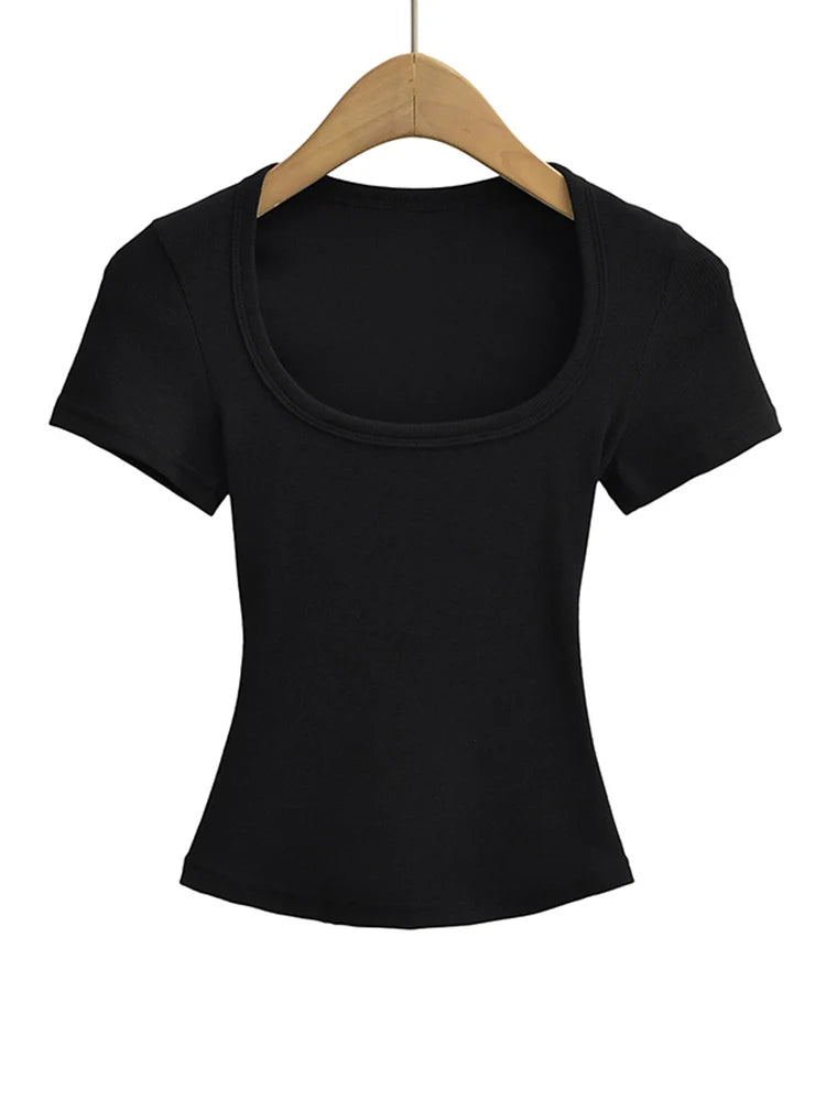 Women's Slim Fit Square Collar Crop Top High Stretch Short Sleeve Pullover Sexy Summer Blouse T-shirt for Bottoming