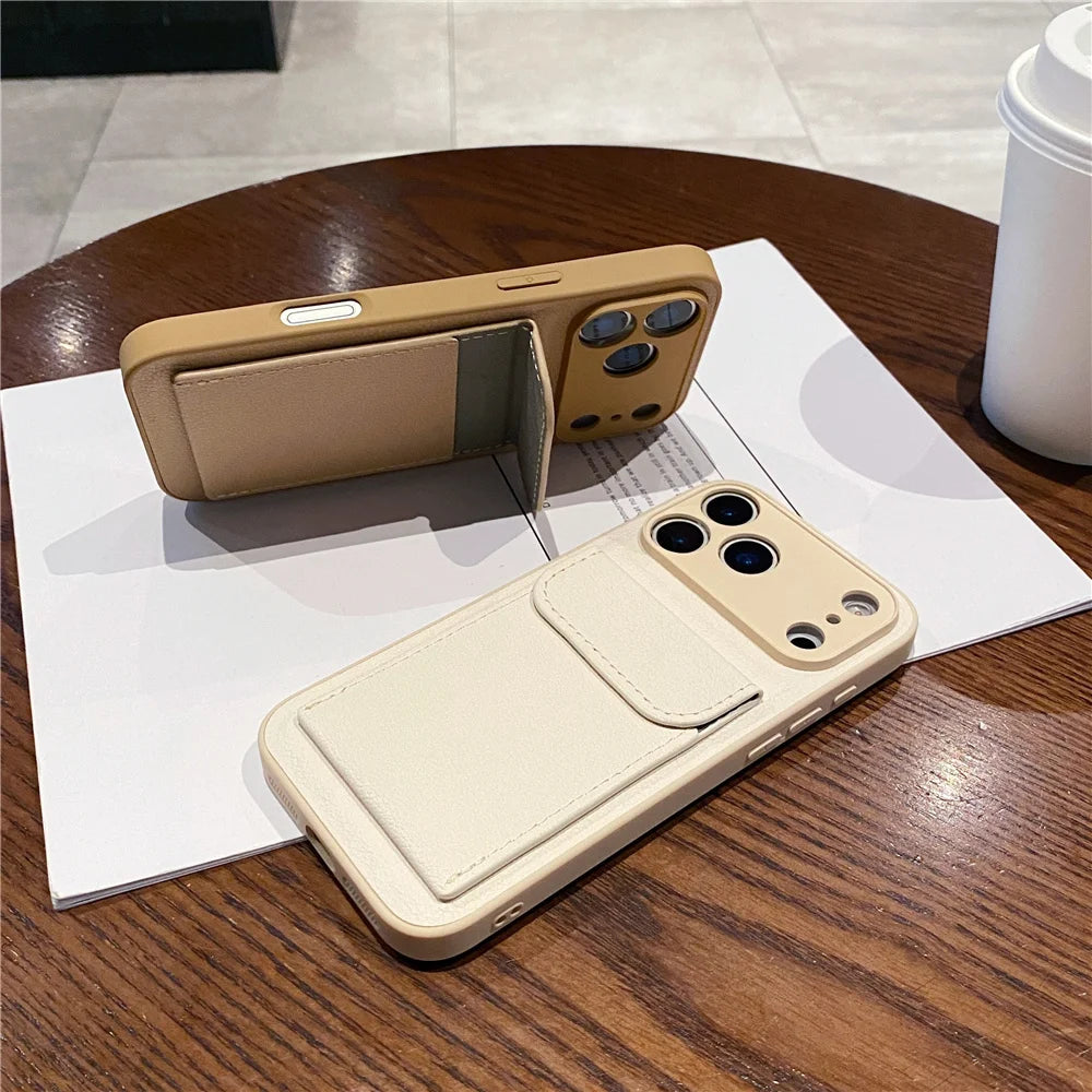 luxury Leather Card Holder Wallet Case For iPhone 11 12 13 mini 14 15 16 E 17 Pro Max 8 7 Plus X Camera Lens Protection Cover
