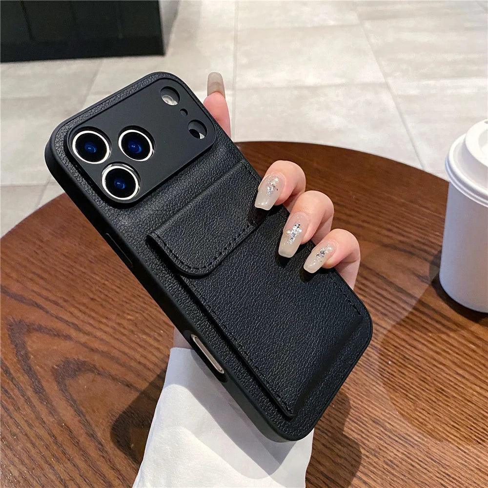 luxury Leather Card Holder Wallet Case For iPhone 11 12 13 mini 14 15 16 E 17 Pro Max 8 7 Plus X Camera Lens Protection Cover