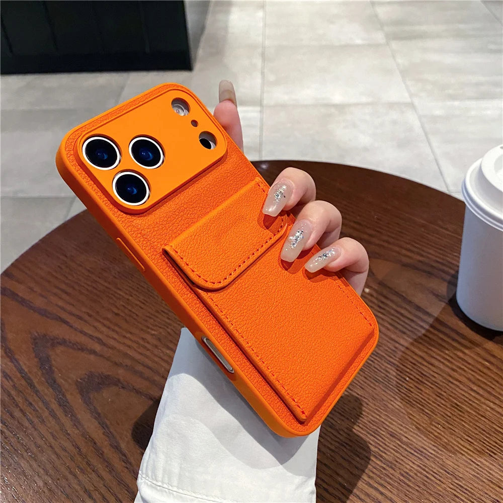 luxury Leather Card Holder Wallet Case For iPhone 11 12 13 mini 14 15 16 E 17 Pro Max 8 7 Plus X Camera Lens Protection Cover