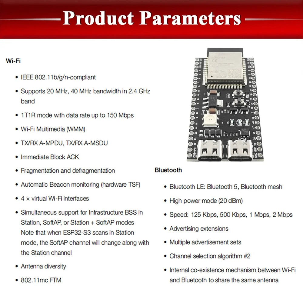 ESP32-S3 Development Board 2.4G Wifi Module for Arduino ESP IDF ESP32-S3WROOM1 N8R2 N16R8 44Pin Type-C 8M PSRAM ESP32 S3
