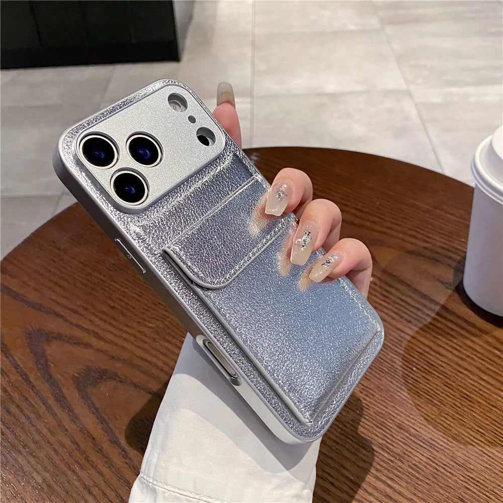 luxury Leather Card Holder Wallet Case For iPhone 11 12 13 mini 14 15 16 E 17 Pro Max 8 7 Plus X Camera Lens Protection Cover