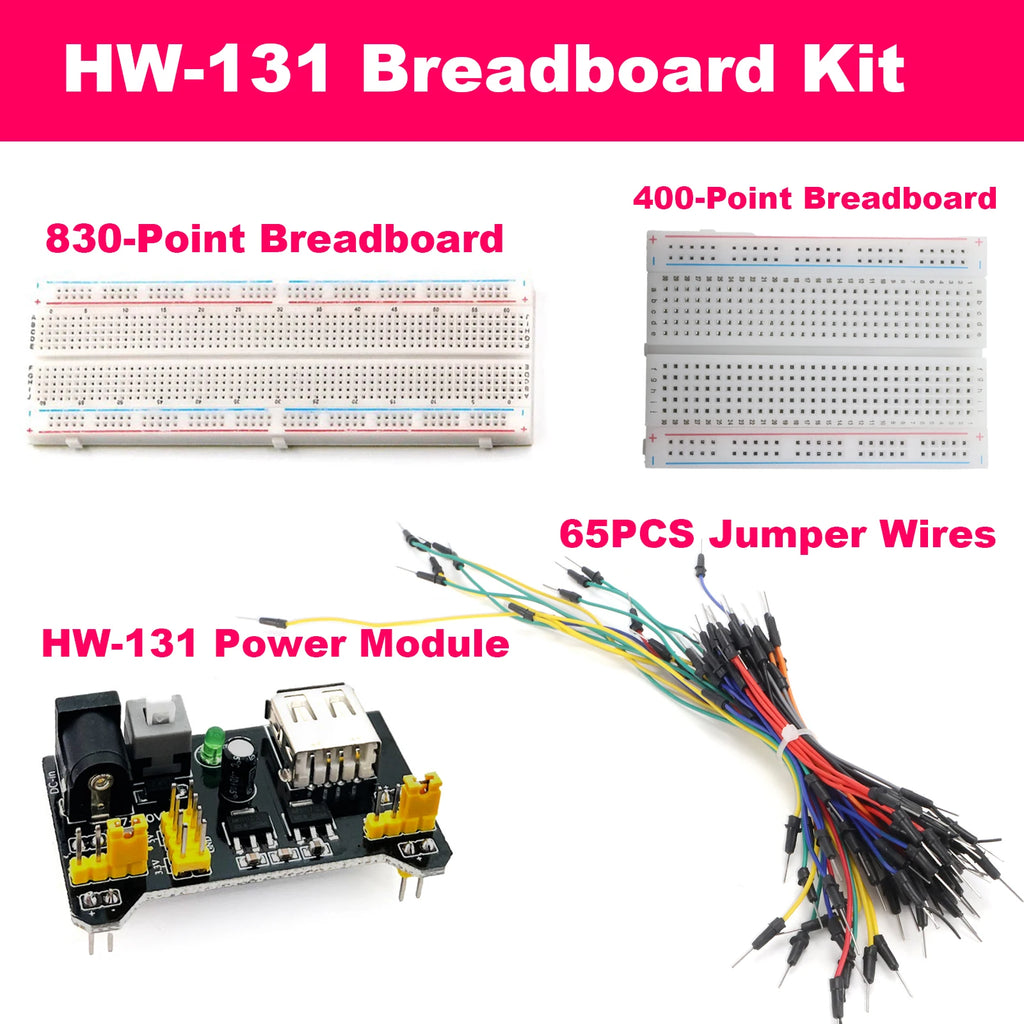 Solderless Breadboard Kit 830 Point 400 Point MB-102 HW-131 Power Module 3.3V 5V 65PCS Jumper Wire Set for Arduino Raspberry Pi