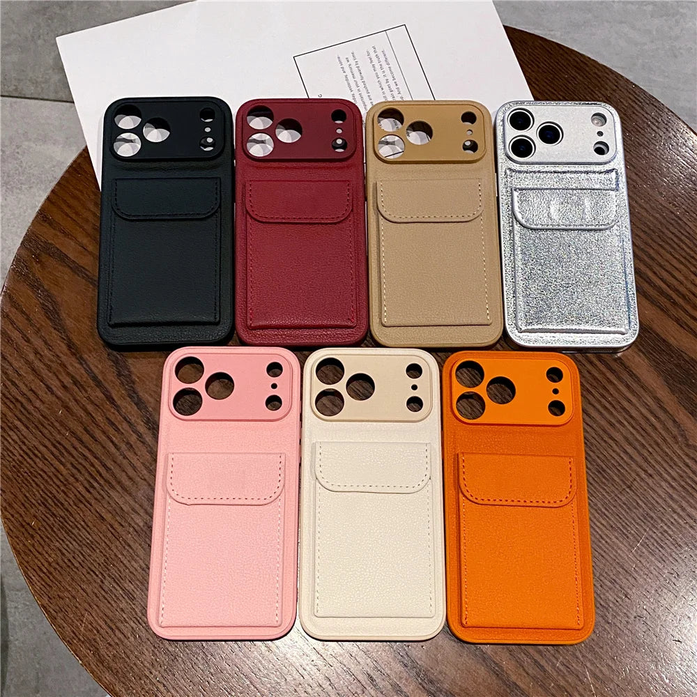 luxury Leather Card Holder Wallet Case For iPhone 11 12 13 mini 14 15 16 E 17 Pro Max 8 7 Plus X Camera Lens Protection Cover