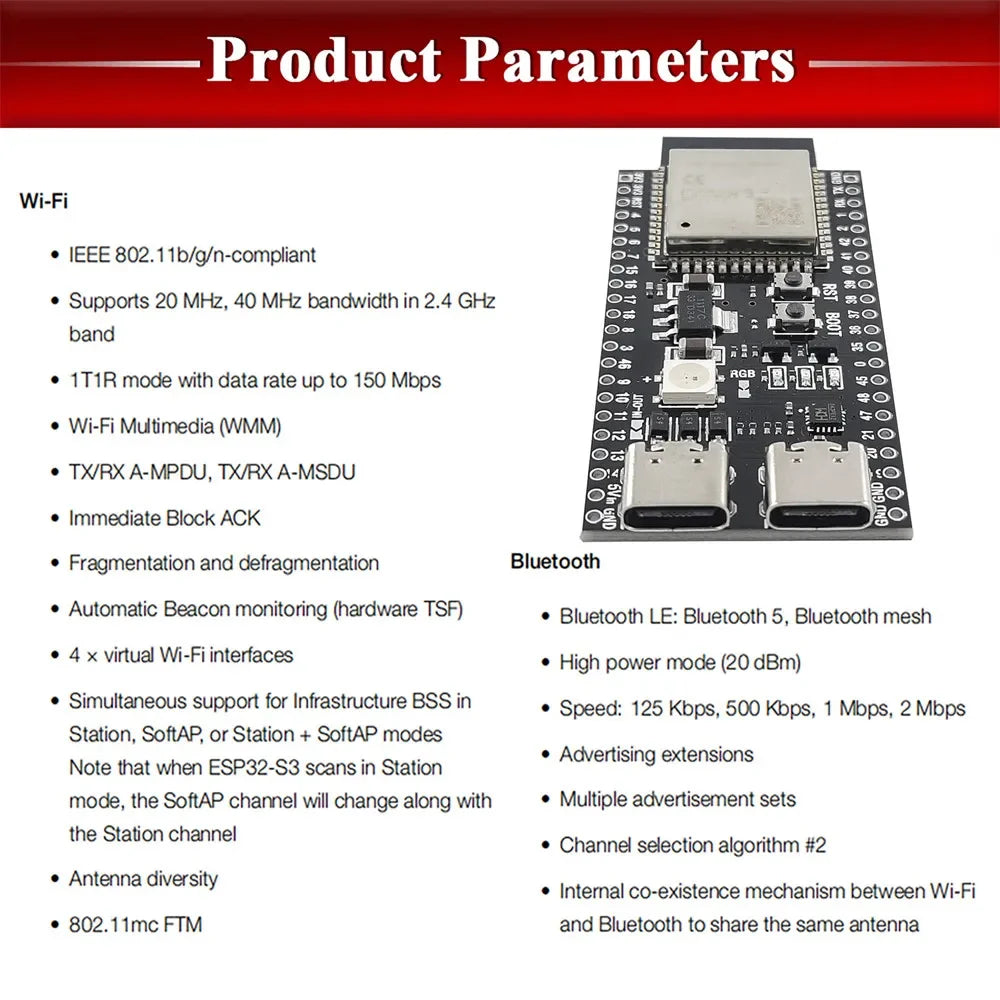 ESP32-S3 Wifi BT Module Development Board for Arduino IDE ESP32-S3-WROOM1 N16R8 N8R2 44Pin Type-C 16MB Flash 8M PSRAM ESP32 S3