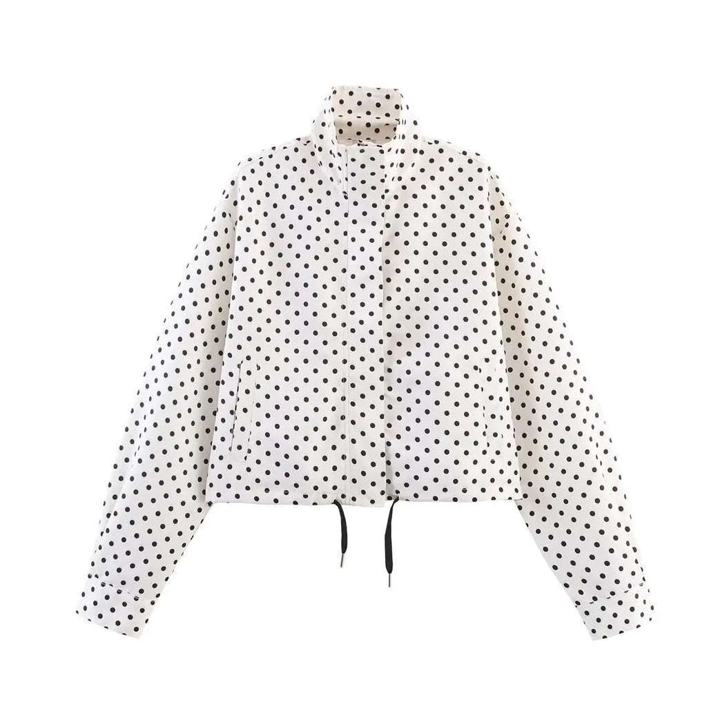HH Fashion Women's Polka Dot Print Short Coats Autumn Long Sleeves Turtleneck Zipper With Pockets Drawstring Casual Jacket