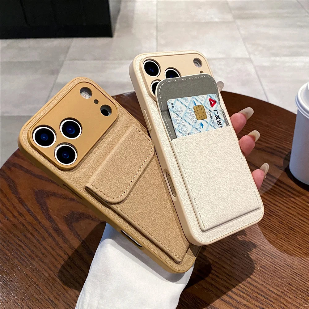 luxury Leather Card Holder Wallet Case For iPhone 11 12 13 mini 14 15 16 E 17 Pro Max 8 7 Plus X Camera Lens Protection Cover
