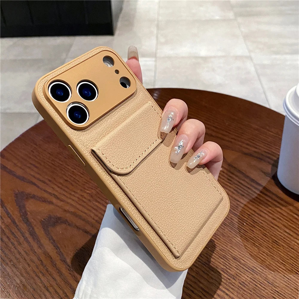 luxury Leather Card Holder Wallet Case For iPhone 11 12 13 mini 14 15 16 E 17 Pro Max 8 7 Plus X Camera Lens Protection Cover