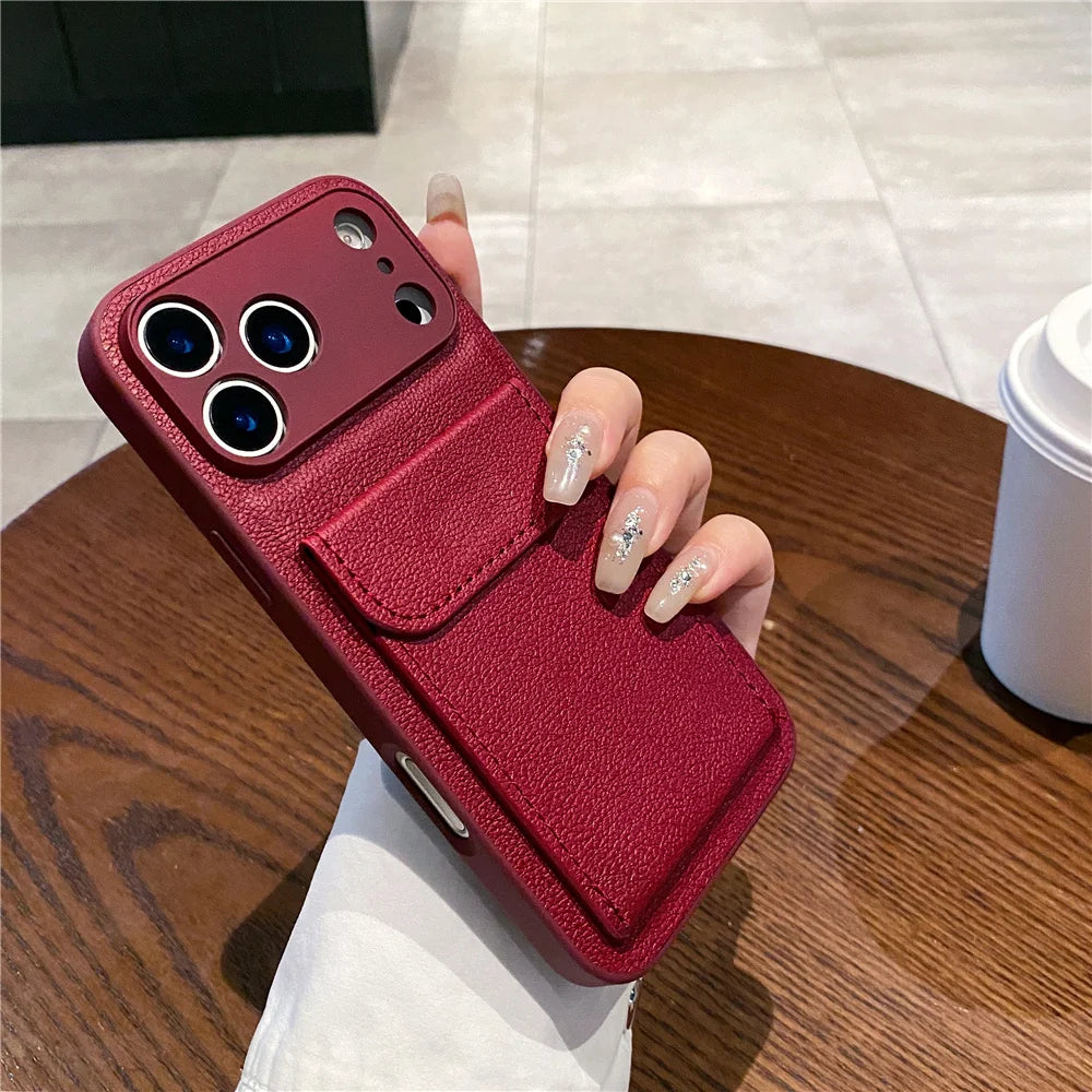 luxury Leather Card Holder Wallet Case For iPhone 11 12 13 mini 14 15 16 E 17 Pro Max 8 7 Plus X Camera Lens Protection Cover