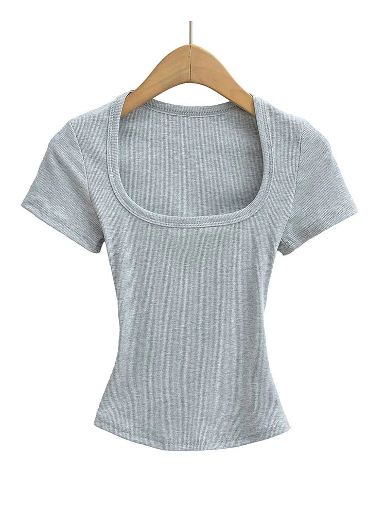 Women's Slim Fit Square Collar Crop Top High Stretch Short Sleeve Pullover Sexy Summer Blouse T-shirt for Bottoming