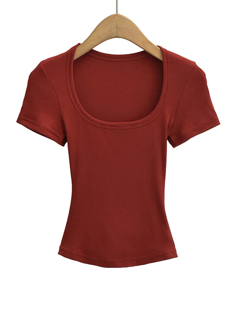 Women's Slim Fit Square Collar Crop Top High Stretch Short Sleeve Pullover Sexy Summer Blouse T-shirt for Bottoming