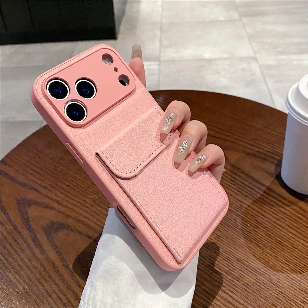 luxury Leather Card Holder Wallet Case For iPhone 11 12 13 mini 14 15 16 E 17 Pro Max 8 7 Plus X Camera Lens Protection Cover