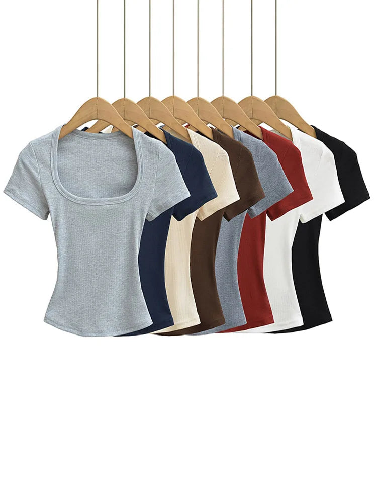Women's Slim Fit Square Collar Crop Top High Stretch Short Sleeve Pullover Sexy Summer Blouse T-shirt for Bottoming